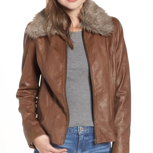 Hinge Faux Fur Collar Leather Jacket M NWT - Picture 1 of 4